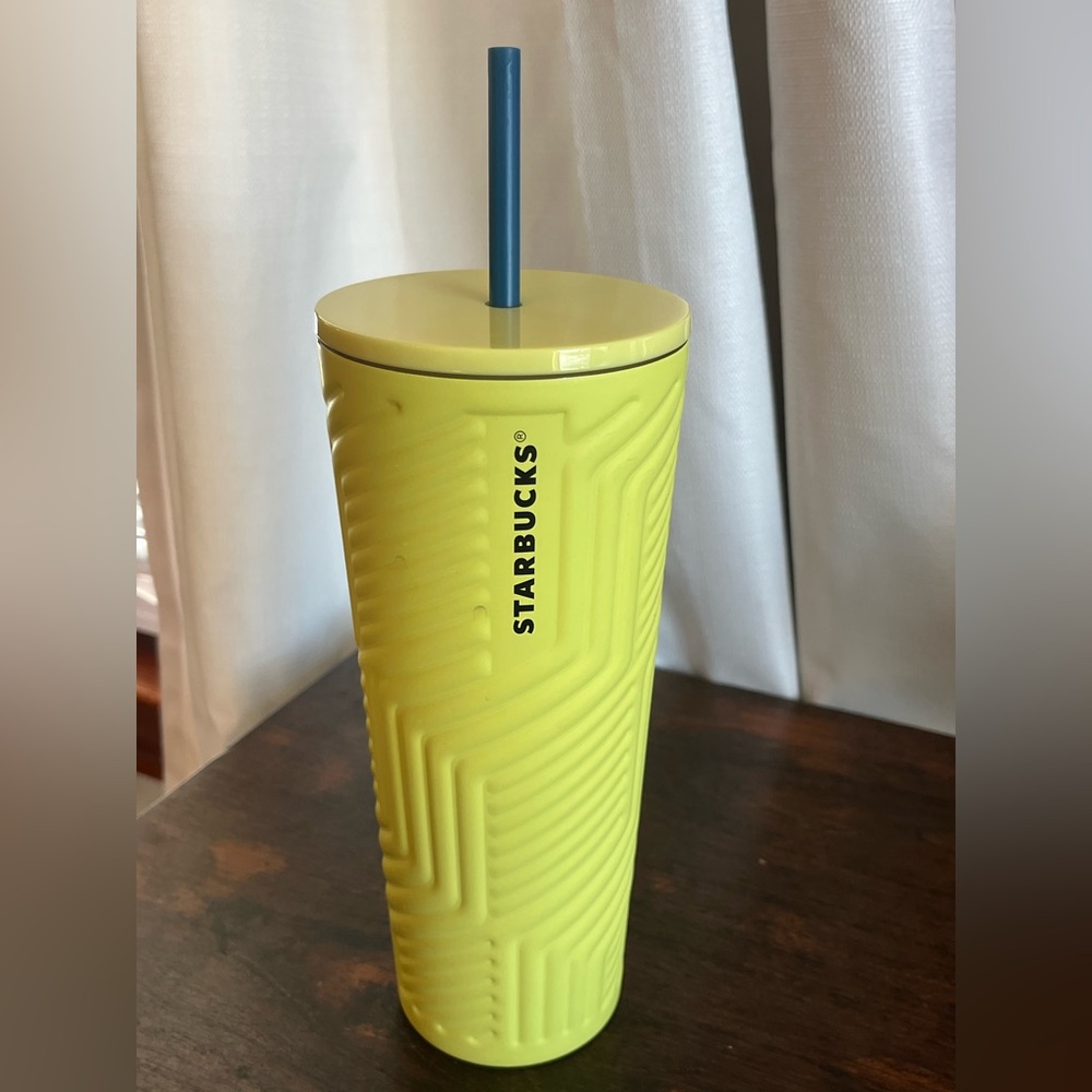 Starbucks Vibrant Yellow cup with lid and straw